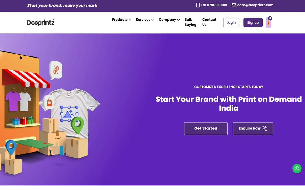 DEEPRINTZ INDIA homepage. India print-on-demand service handling product variants and automated fulfilment for merchants.