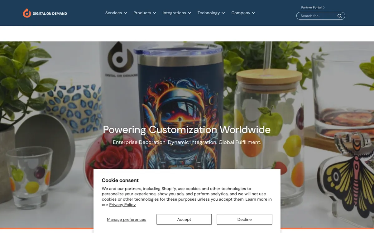 Digital On Demand homepage. Print-on-demand service offering customisation and global fulfilment.