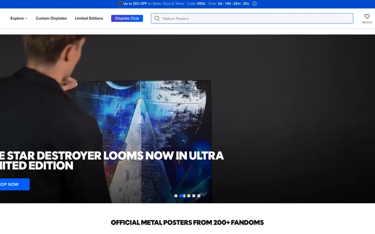 Displate homepage. EU metal-poster marketplace with magnetic mounting and an artist gallery model.