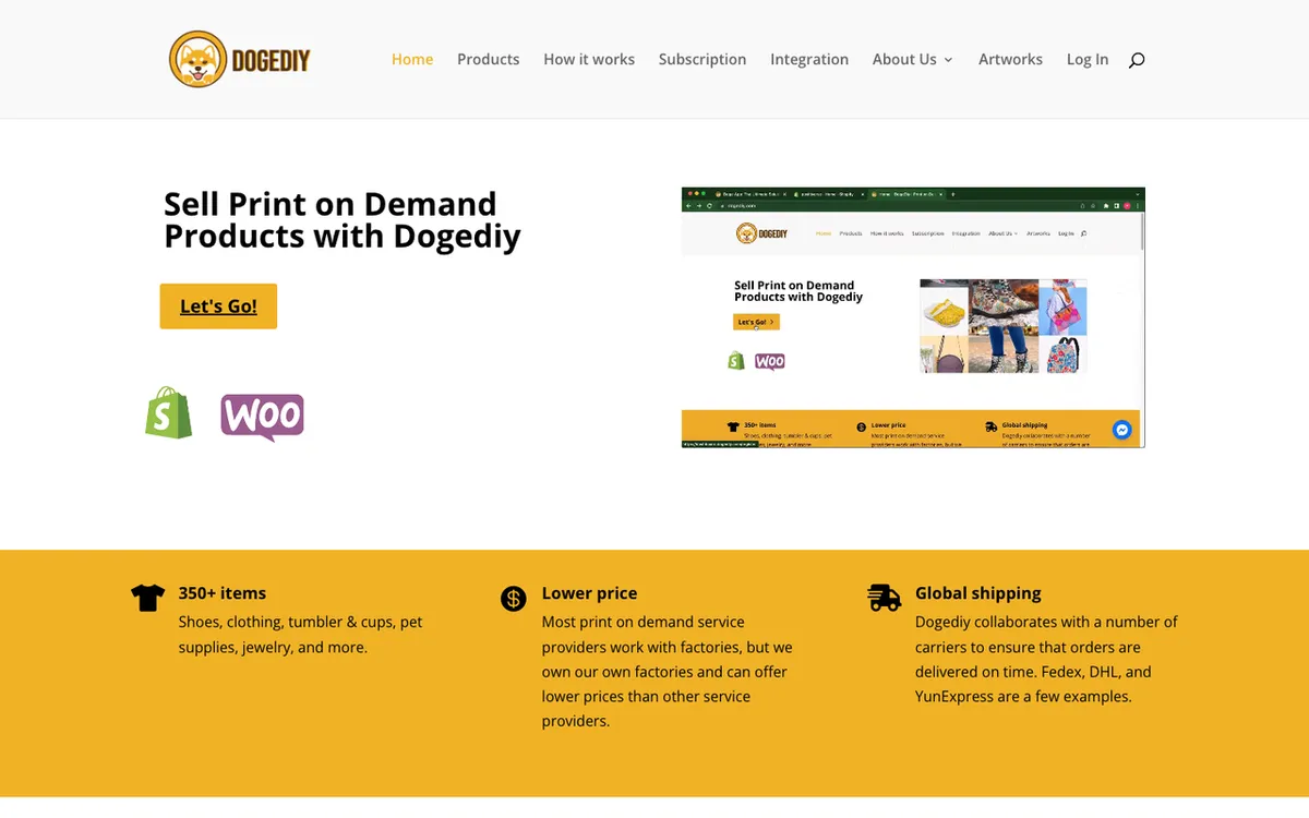 dogeprint homepage. Dogediy print-on-demand and dropshipping service for all-over and partial printing.