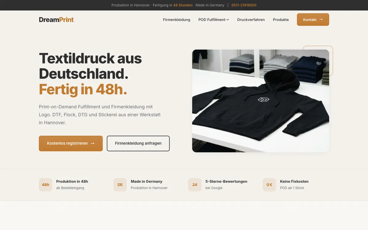 Dream Print homepage. Print-on-demand service producing and shipping custom products with shop integration.