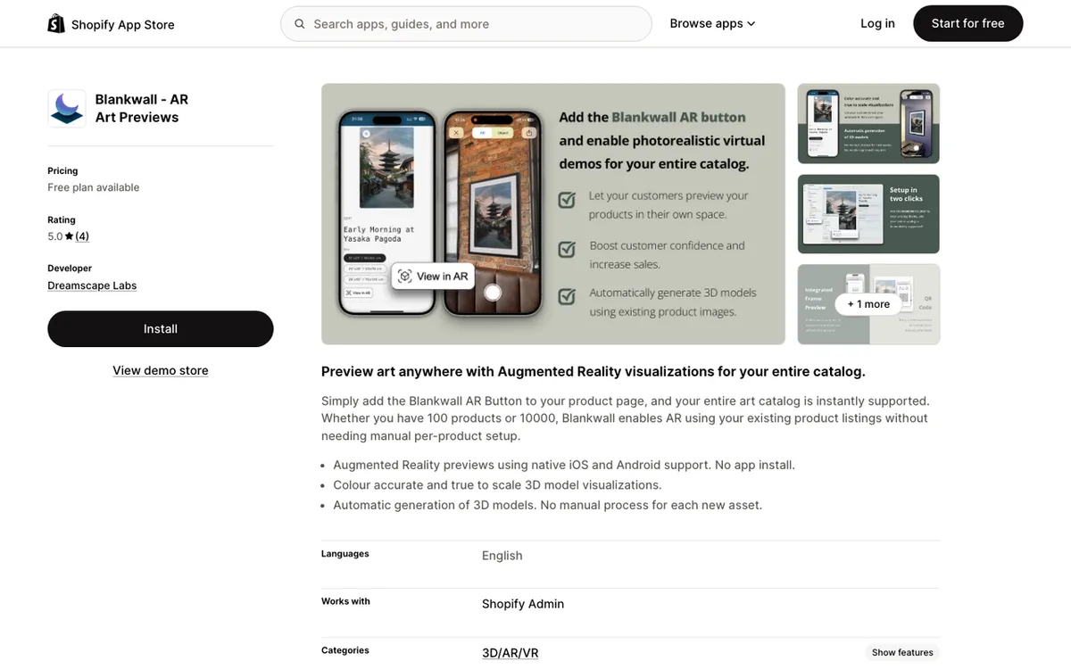 Dreamscape Labs homepage. Blankwall AR button tool for previewing wall art on customer walls via augmented reality.