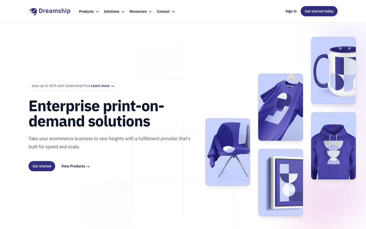 Dreamship homepage. US print-on-demand for apparel, home goods and accessories with Shopify integration.
