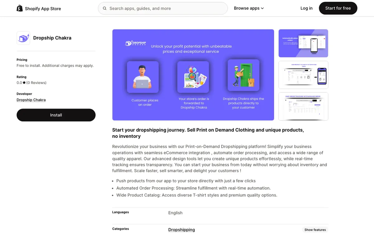 Dropship Chakra homepage. Print-on-demand dropshipping platform for clothing and unique products with ecommerce integrations.