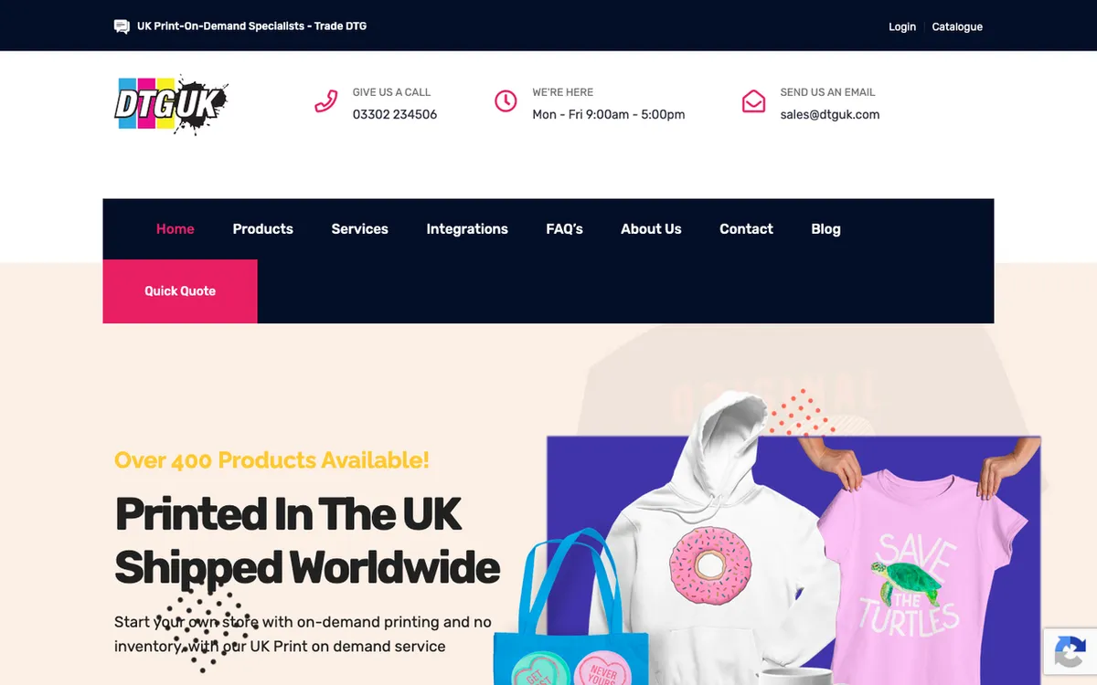 DTGUK homepage. UK print-on-demand service for selling and shipping custom products worldwide.