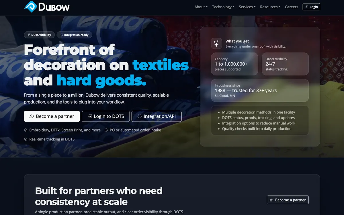 Dubow Textile homepage. US print-on-demand service for textile decoration and hard-goods fulfilment.