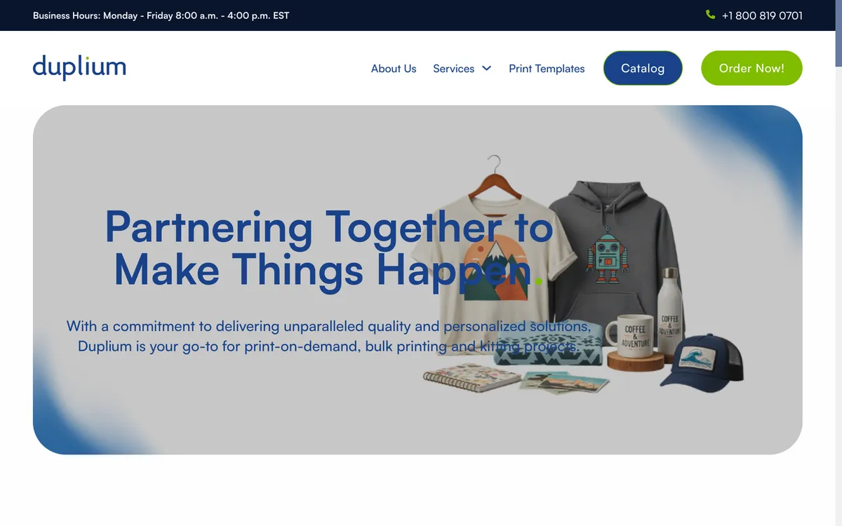 Duplium homepage. Canadian print-on-demand and bulk-printing service with kitting and fast turnaround.