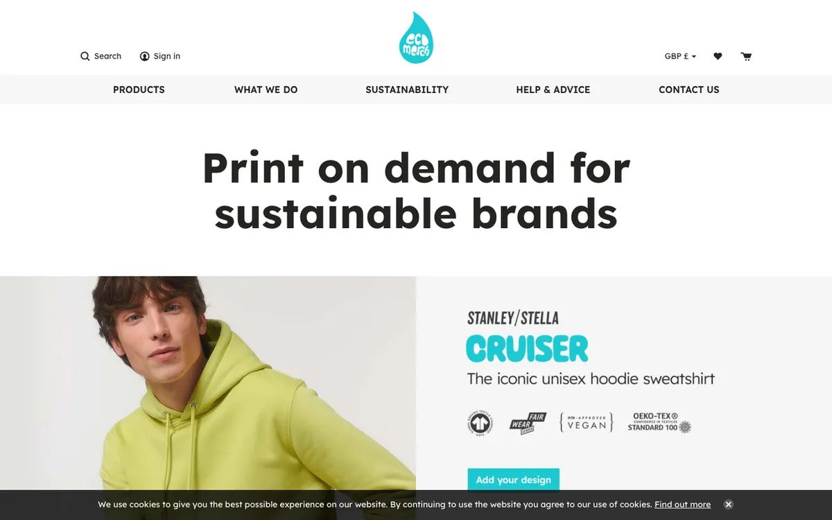 Ecomerch homepage. UK sustainable print-on-demand service for eco-friendly products and water-based ink printing.