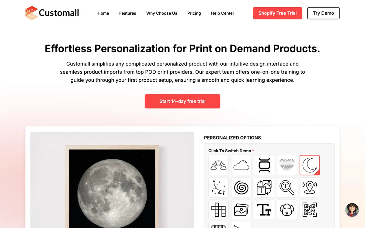 Ecomlux homepage. Customall product personaliser tool for print-on-demand stores to boost custom-product sales.