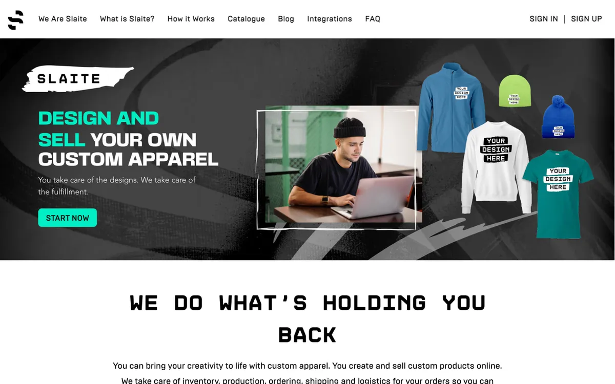 Entripy Custom Clothing homepage. SLAITE service letting creators design and sell custom apparel under their brand.