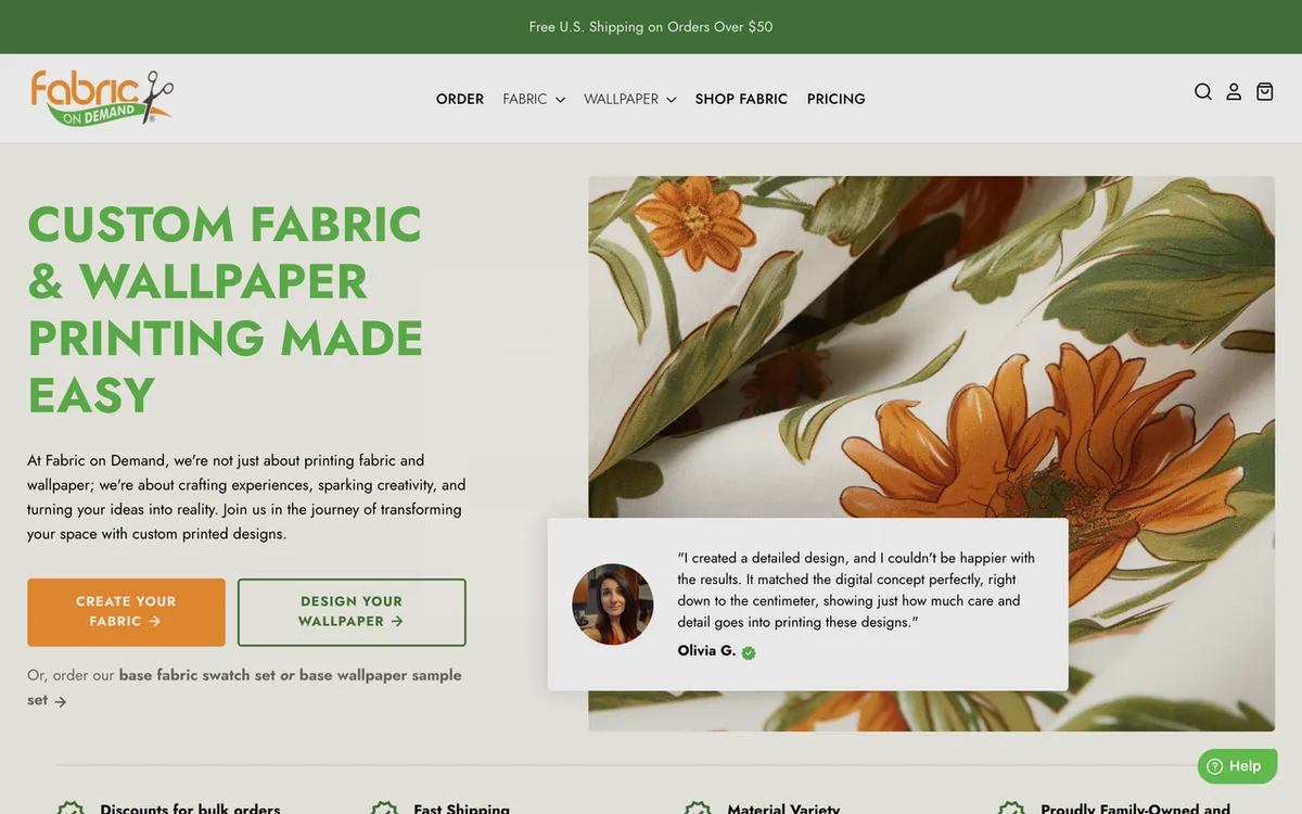 Fabric on Demand homepage. US custom fabric printing specialist with cotton, silk, canvas and upholstery substrates.