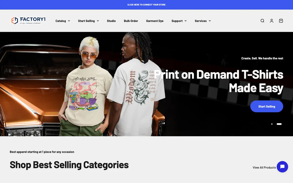 Factory 1 homepage. Print-on-demand service for launching custom premium products and merchandise stores.
