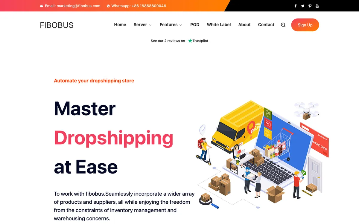 Fibobus homepage. Dropshipping platform streamlining order fulfilment and shipping for online stores.
