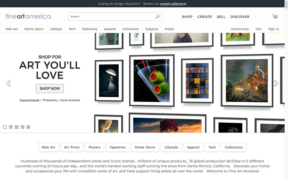 Fine Art America homepage. US fine art marketplace with integrated POD fulfilment for prints, apparel and home decor.
