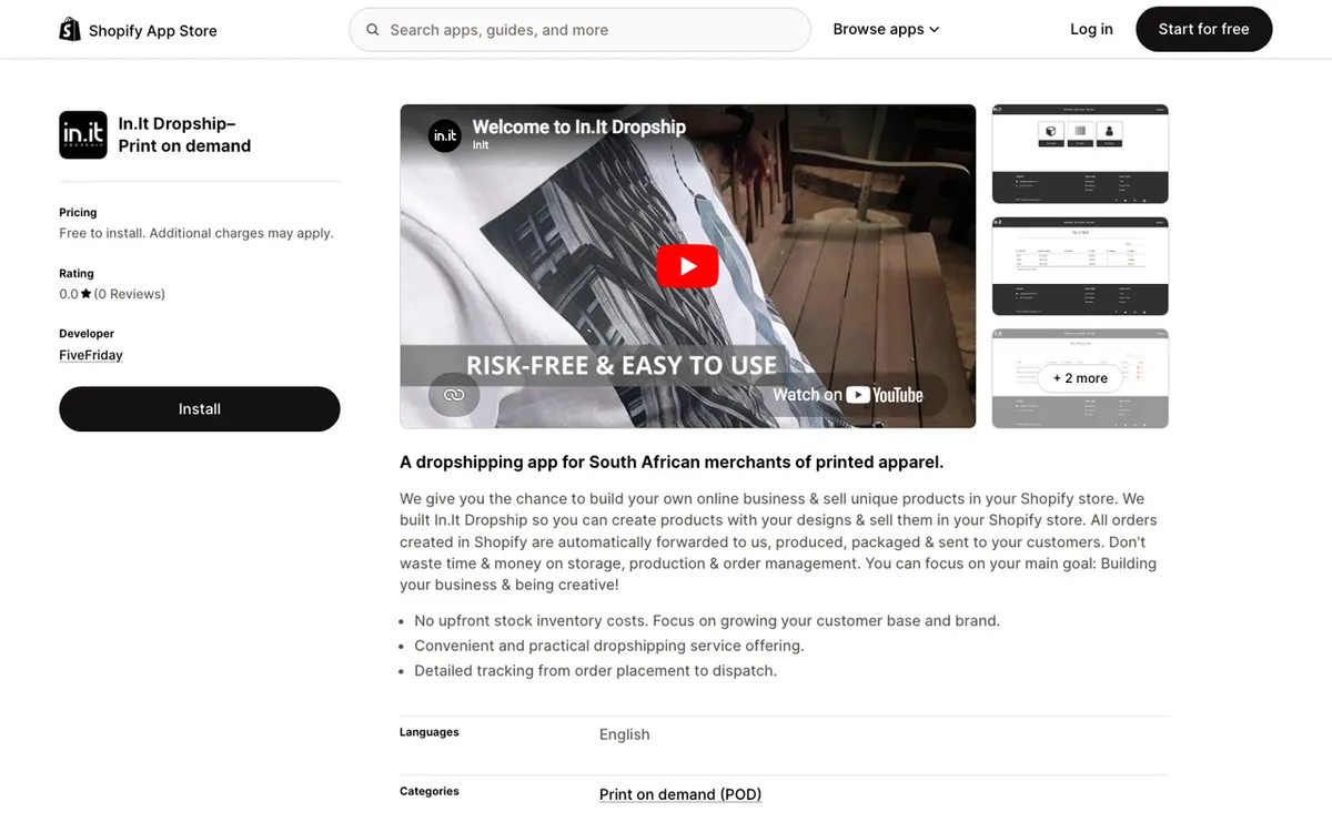 FiveFriday homepage. South African In.It Dropship app for selling custom-printed apparel via Shopify.