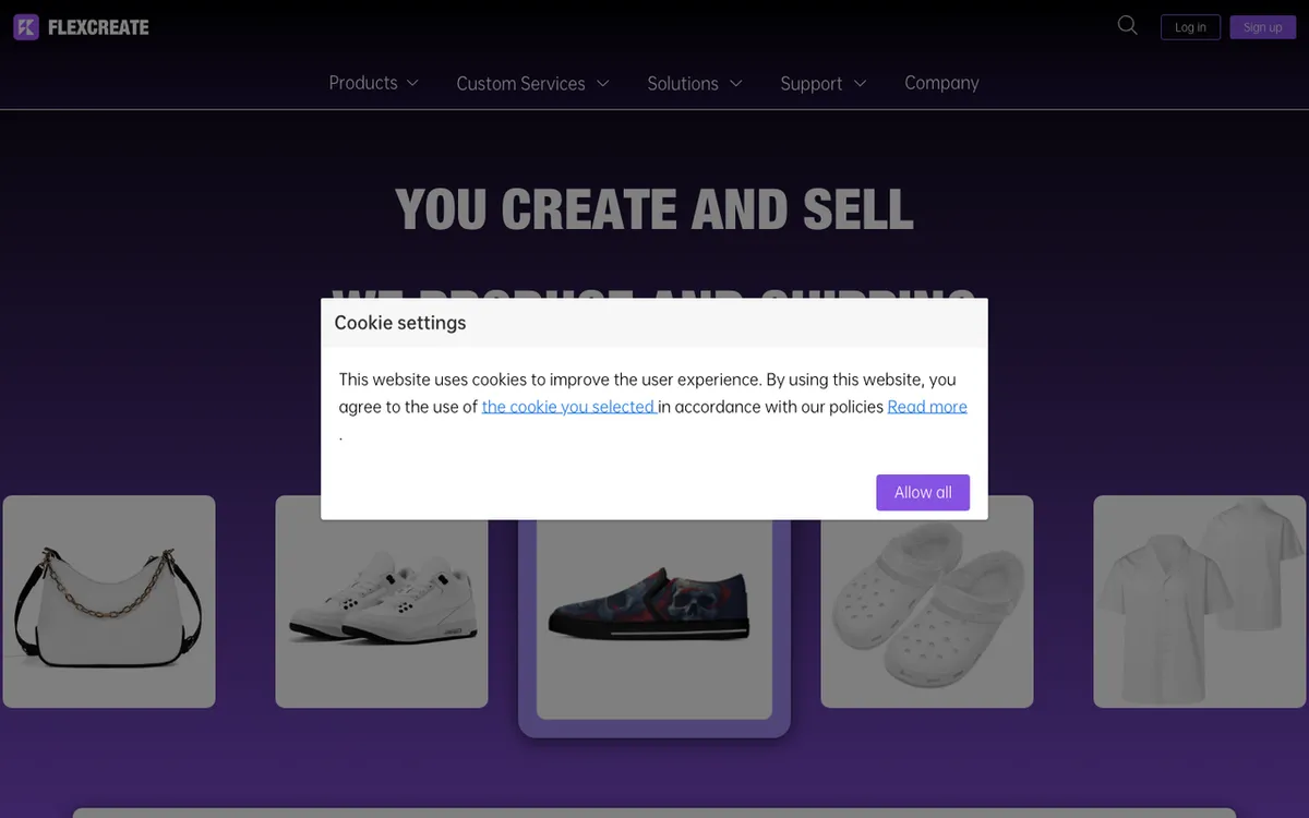 FlexCreate homepage. Print-on-demand tool for custom printing, embroidery and engraving on personalised products.