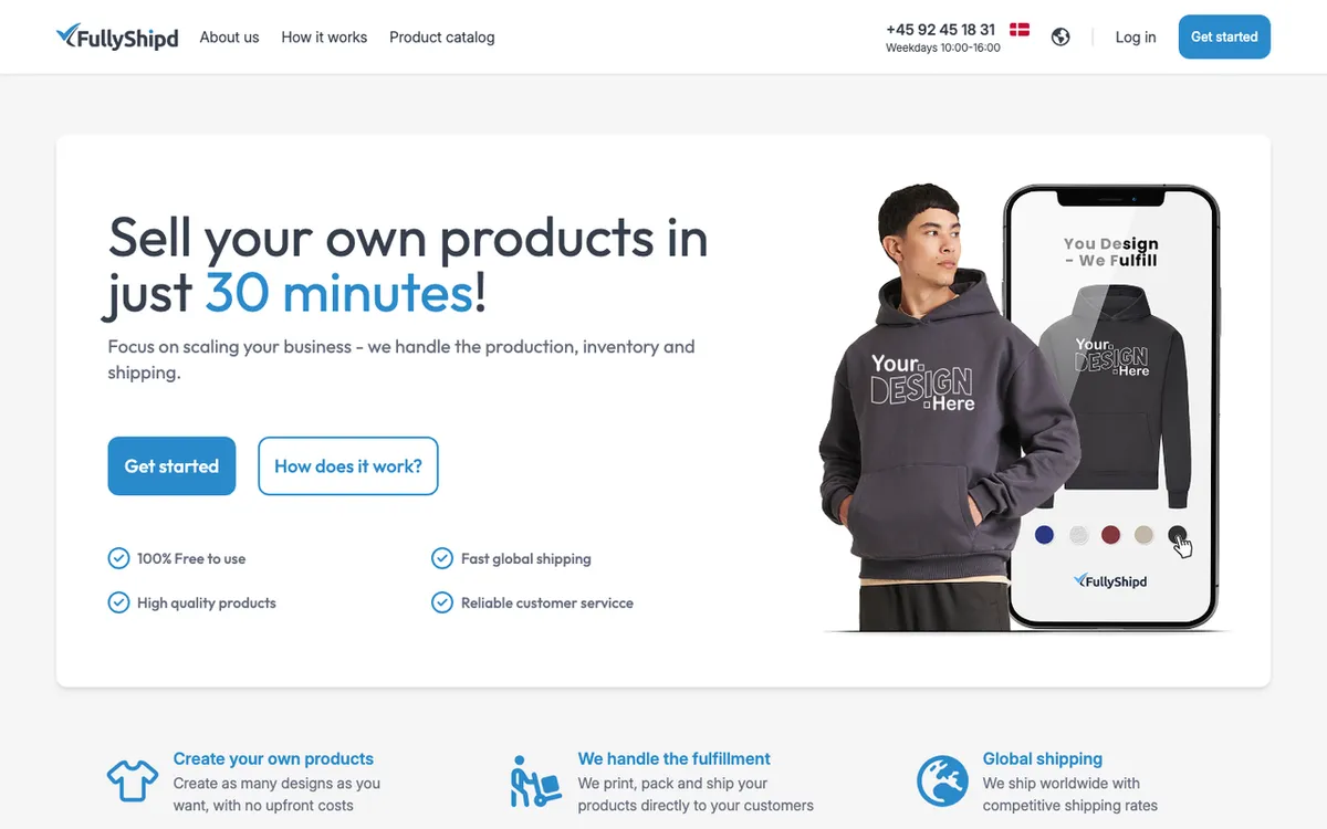 FullyShipd homepage. Print-on-demand service producing, managing and shipping orders for clothing brands.