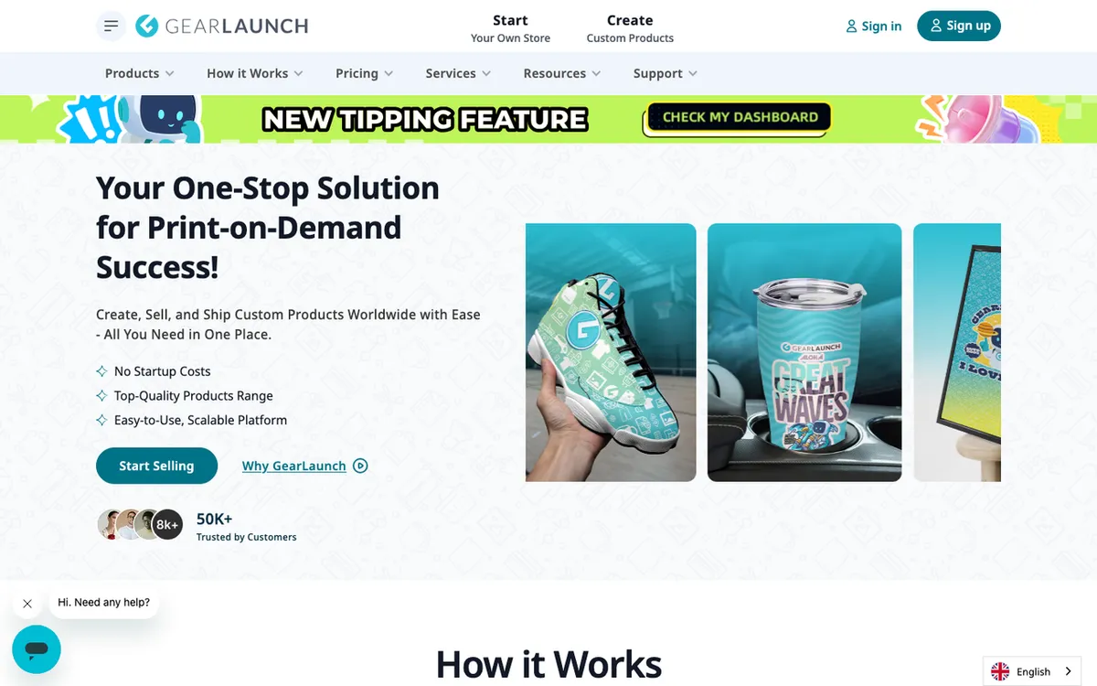 GearLaunch homepage. Print-on-demand platform for creating and selling custom products worldwide.