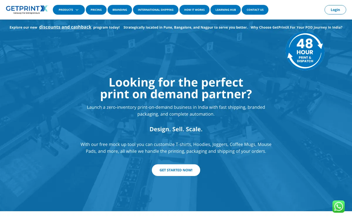 Getprintx homepage. Print-on-demand, dropshipping and warehousing service for customised products on Shopify.