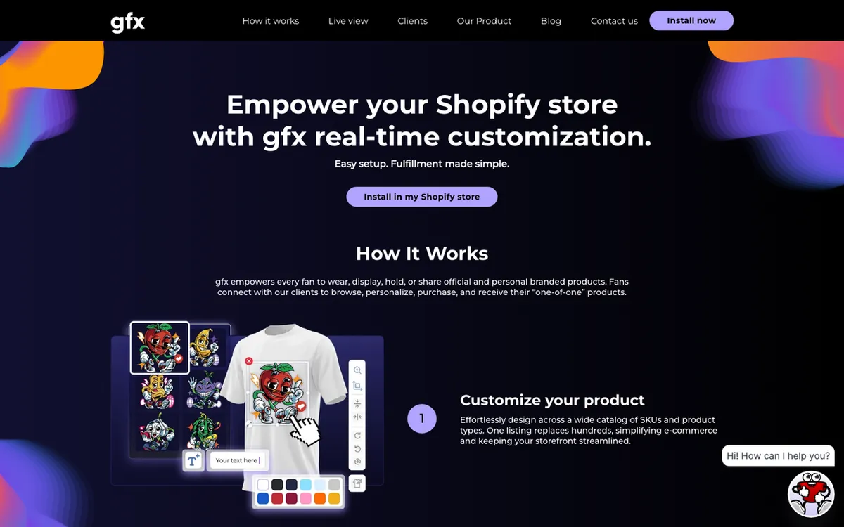 gfx homepage. Product customisation tool for stores selling personalised on-demand items.