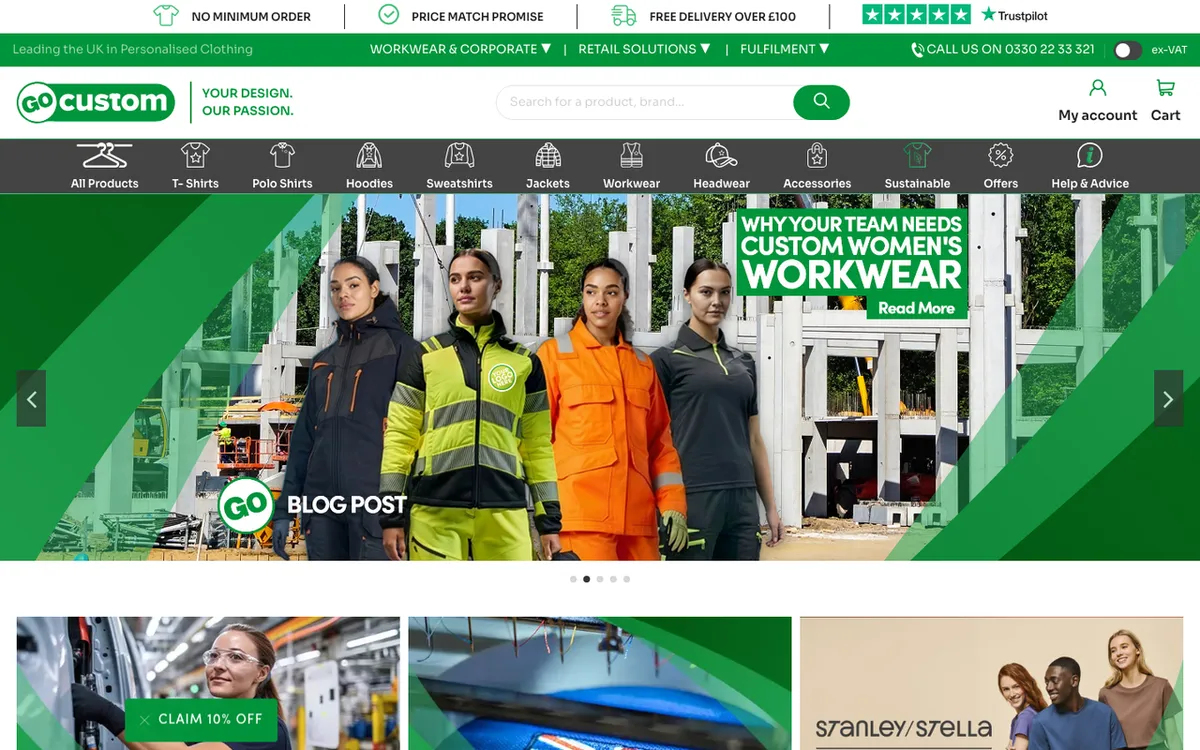 GoCustom Clothing homepage. UK print-on-demand supplier for custom apparel.