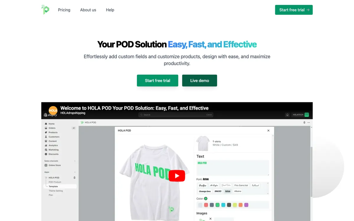 HOLAdropshipping homepage. Product customiser tool with custom fields, design templates and variant rules.