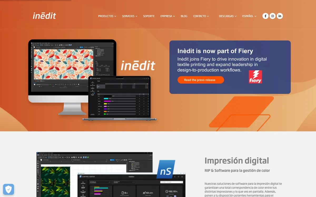 Inedit homepage. Shopify connector tool routing orders to Inedit digital textile printers.