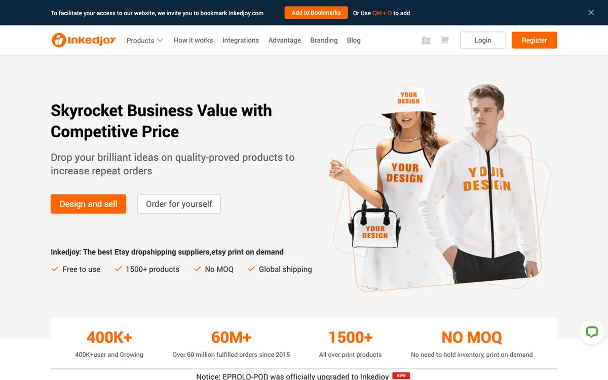 inkedjoy homepage. Dropshipping service for 1,500+ budget print-on-demand items including apparel, wall art and home decor.