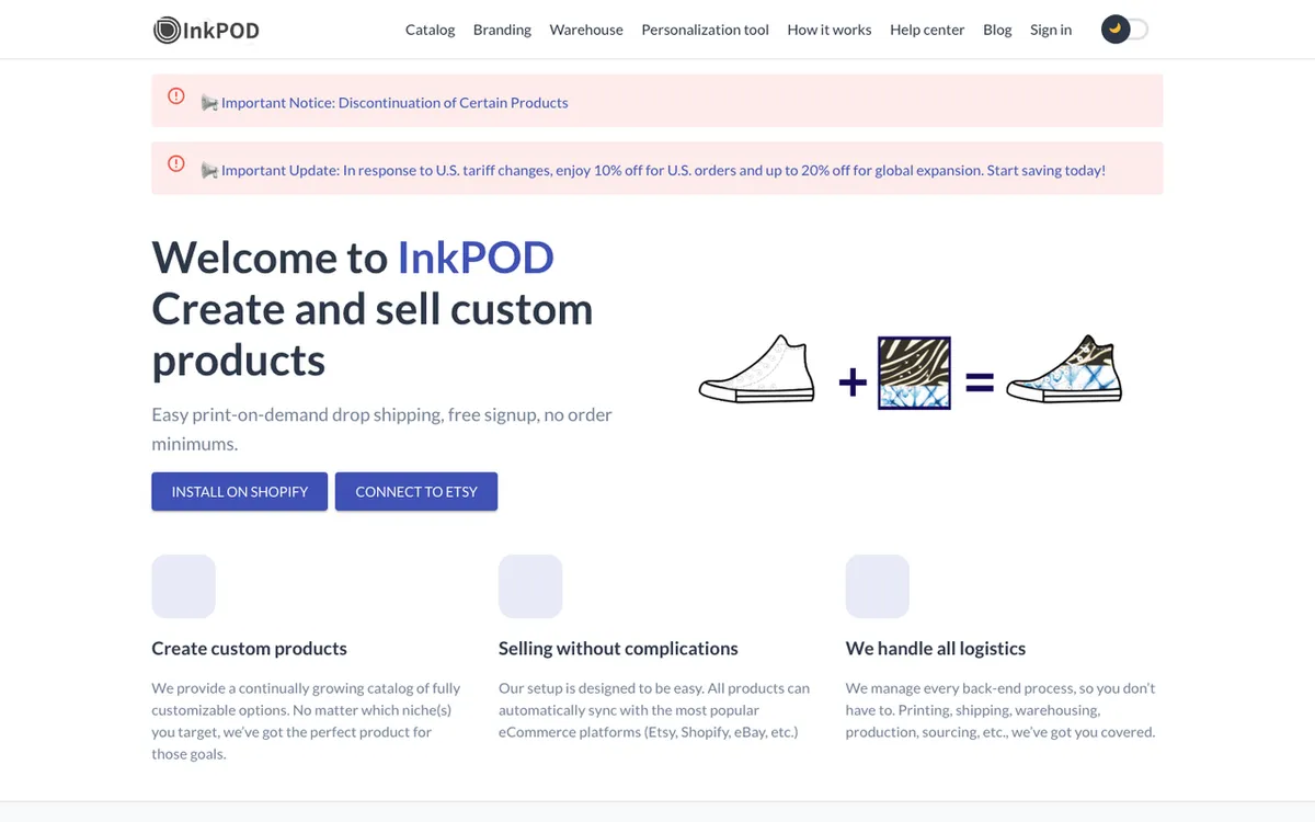 InkPODFulfillment homepage. Print-on-demand service for designing and selling custom apparel, home decor and accessories.