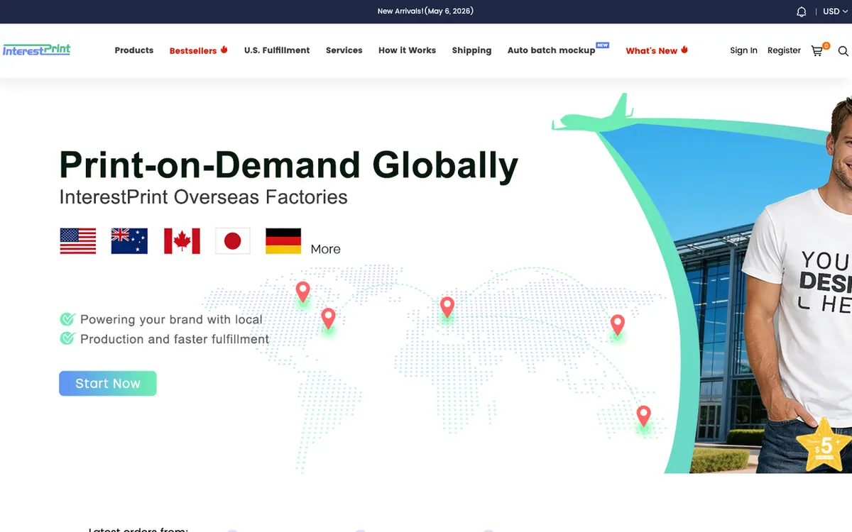 Interestprint homepage. US print-on-demand drop-shipping service with 1,000+ products and multiple fulfilment centres.