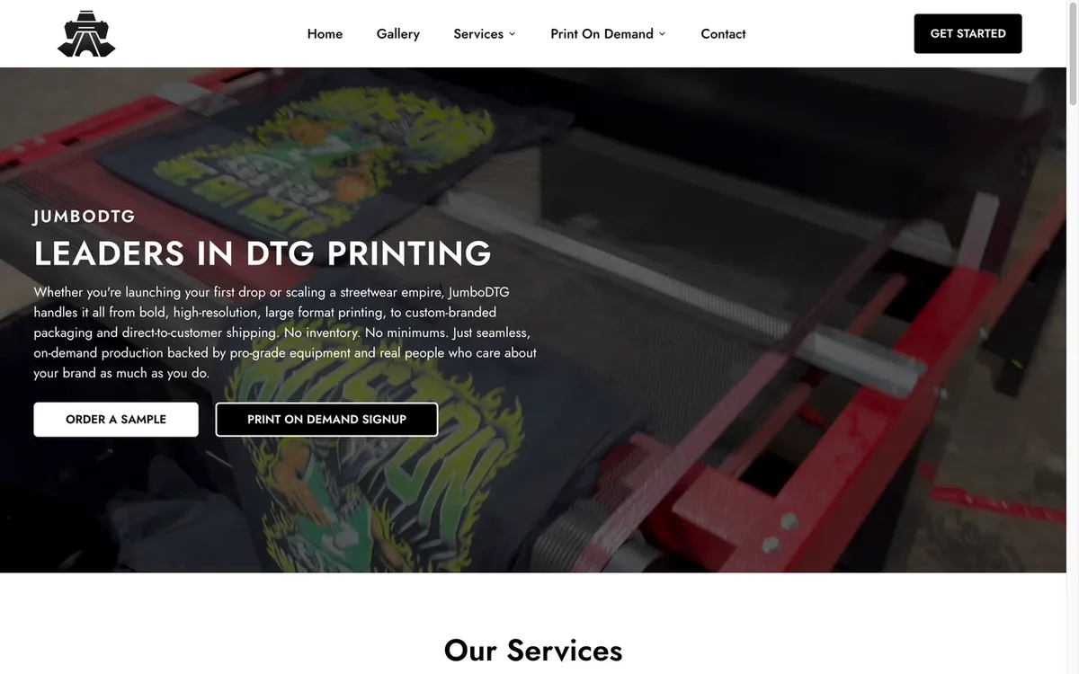 JumboDTG homepage. US direct-to-garment service for high-resolution large-format printing with custom packaging and Shopify integration.
