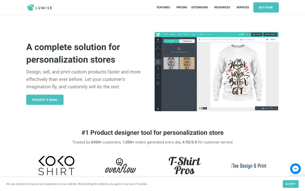King homepage. Lumise Product Designer customiser for print-on-demand stores selling t-shirts, mugs, phone cases and shoes.