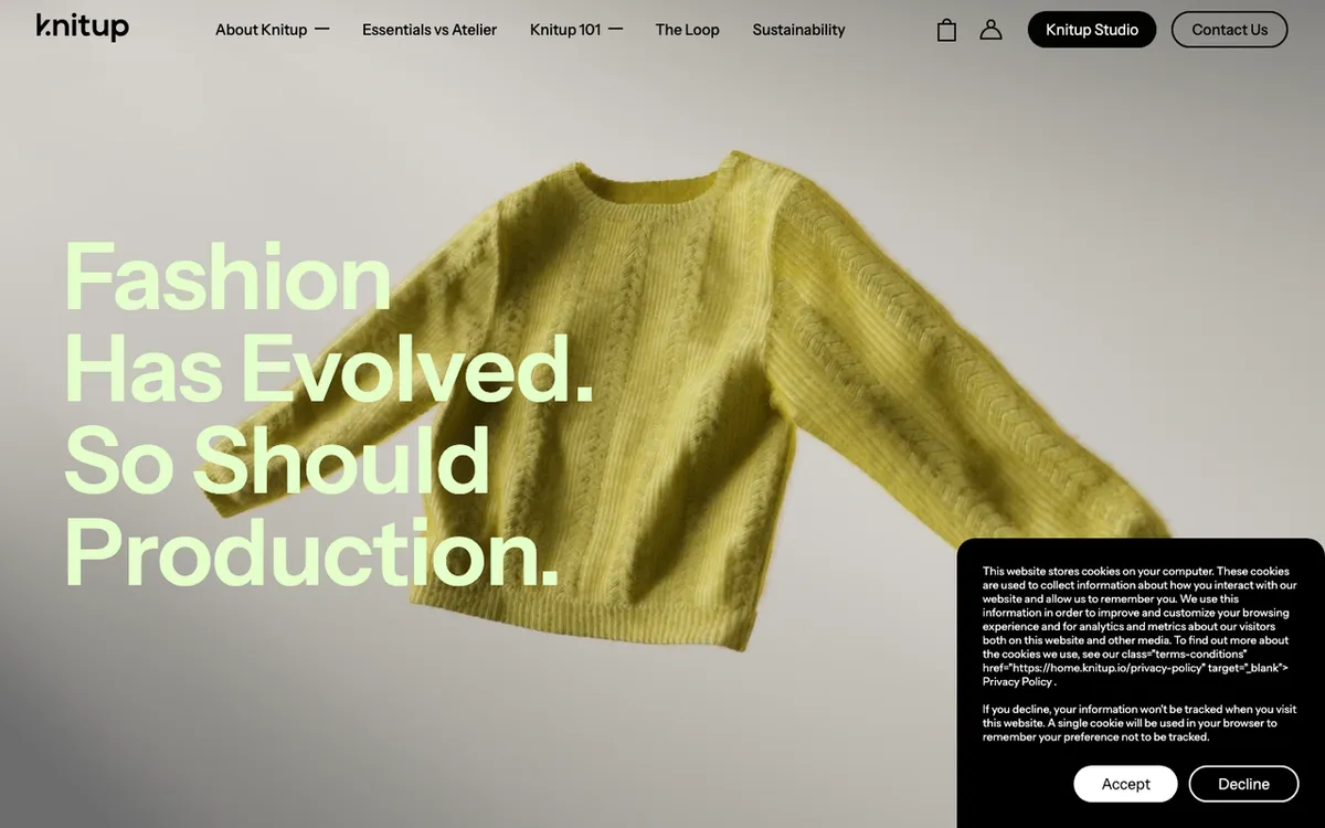 Knitup homepage. Print-on-demand service for designing and dropshipping custom knitwear via Shopify.