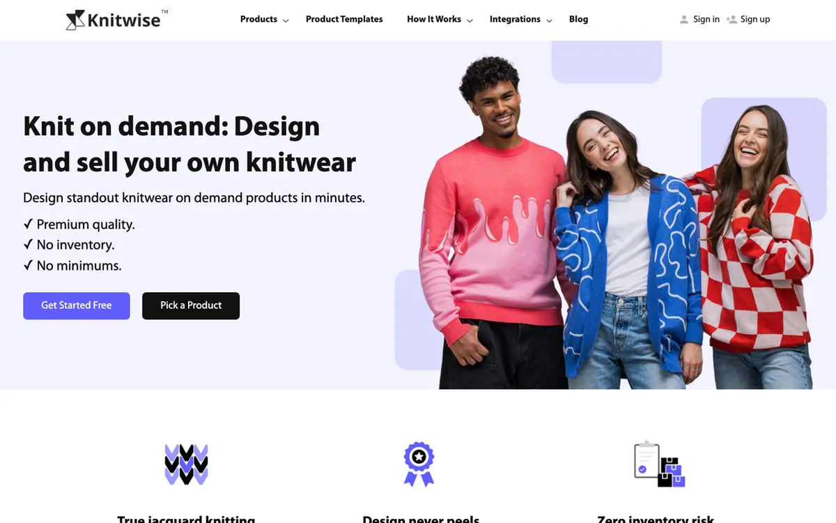 Knitwise homepage. Premium custom knitwear print-on-demand and dropshipping service for branded knit goods.