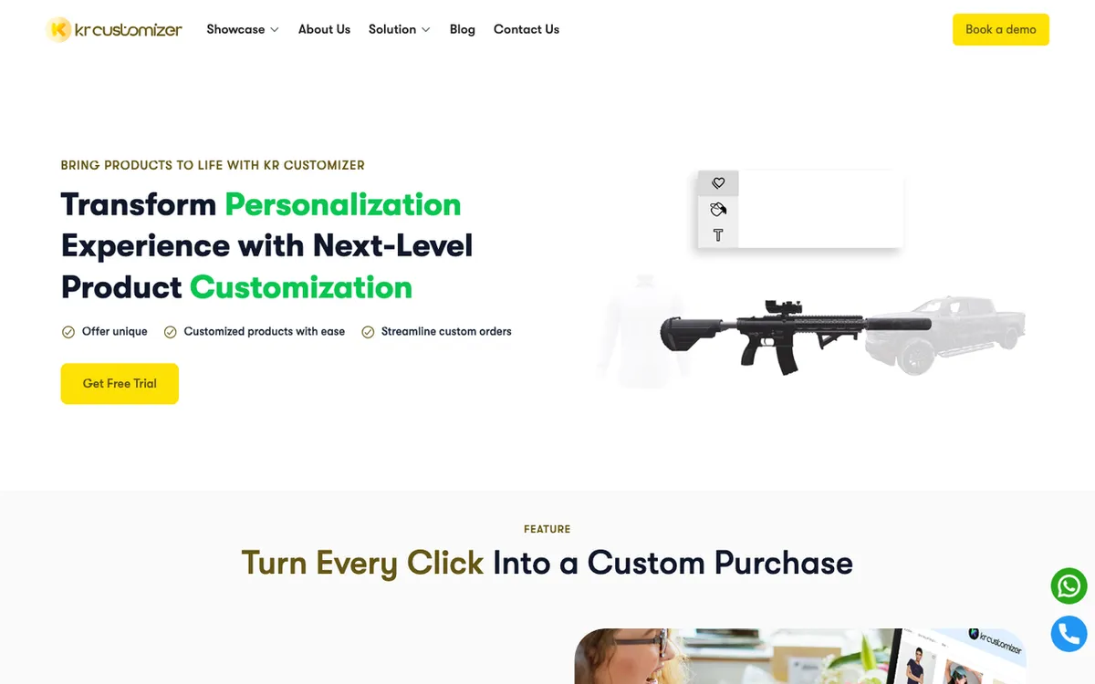 KR Customizer homepage. Shopify product personalisation app with real-time 2D and 3D previews.