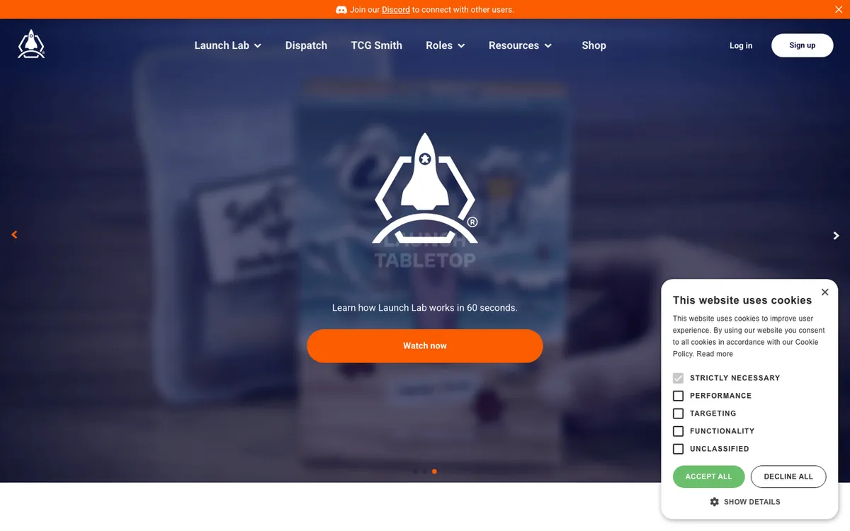 Launch Tabletop homepage. US print-on-demand component maker for indie tabletop game designers.