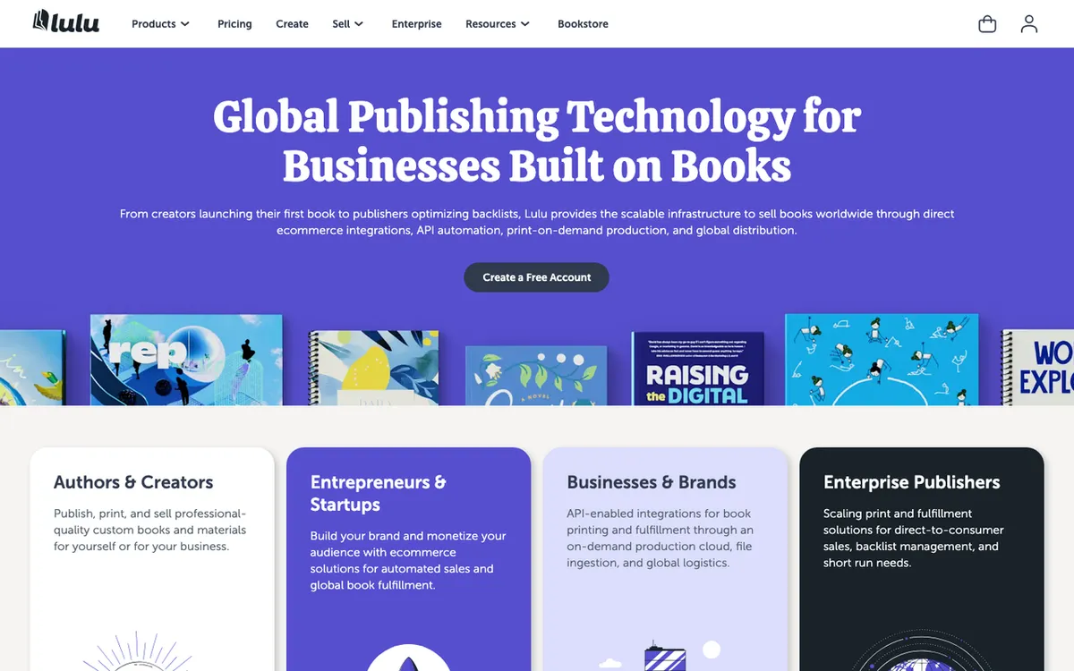 Lulu Publishing homepage. Print-on-demand book publishing service with global print and fulfilment via the Lulu Direct app.