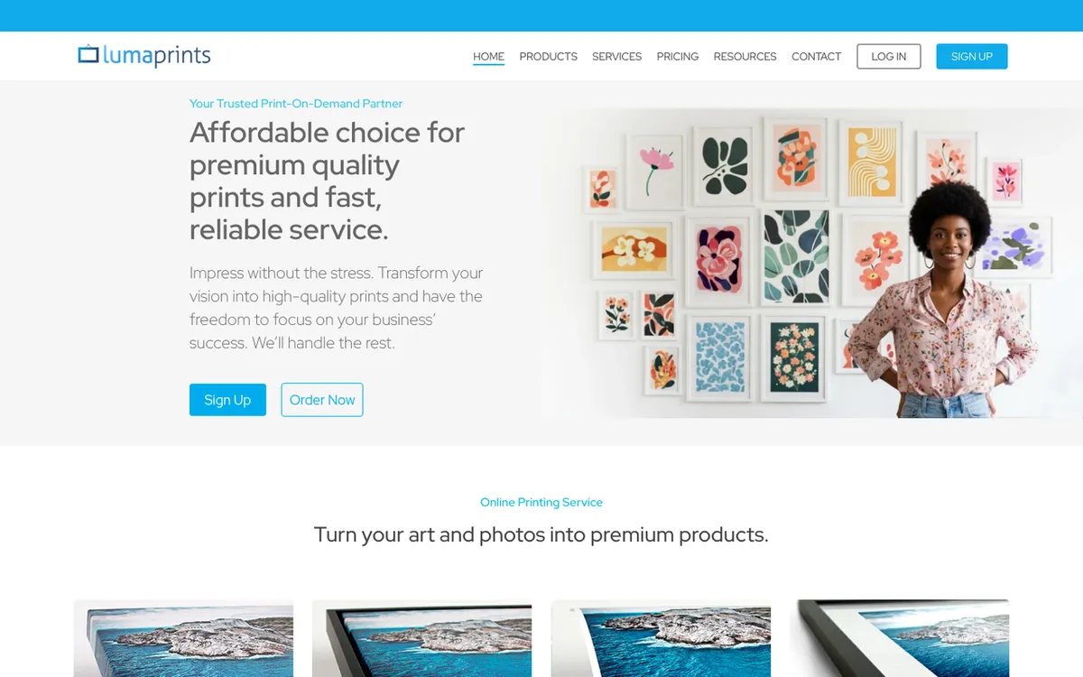 LumaPrints homepage. US print-on-demand service for canvas, paper, metal and framed prints with automated order processing.