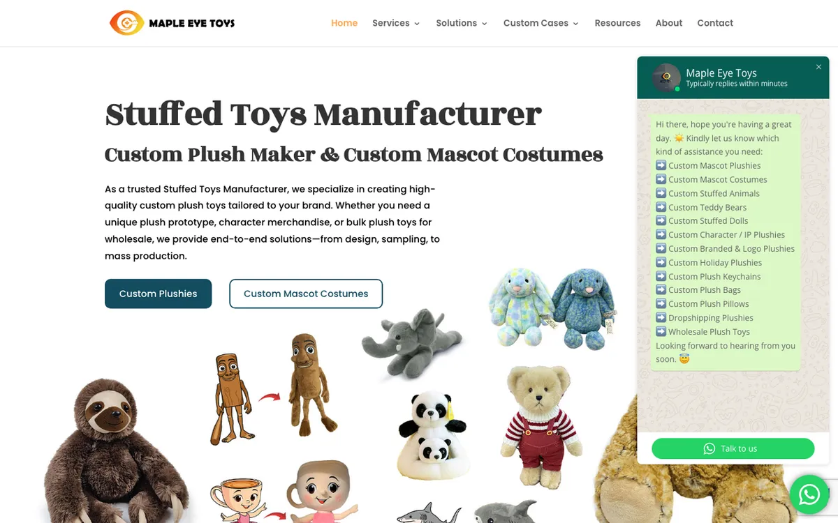 Maple Eye Toys homepage. China custom plush toy manufacturer with end-to-end design, sampling and production.