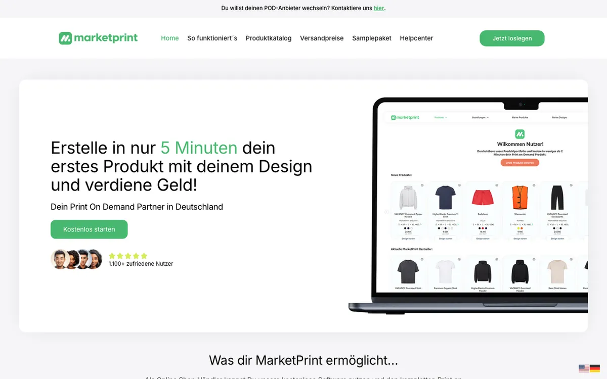 MarketPrint homepage. EU print-on-demand partner letting online retailers create and sell custom products with no upfront costs.