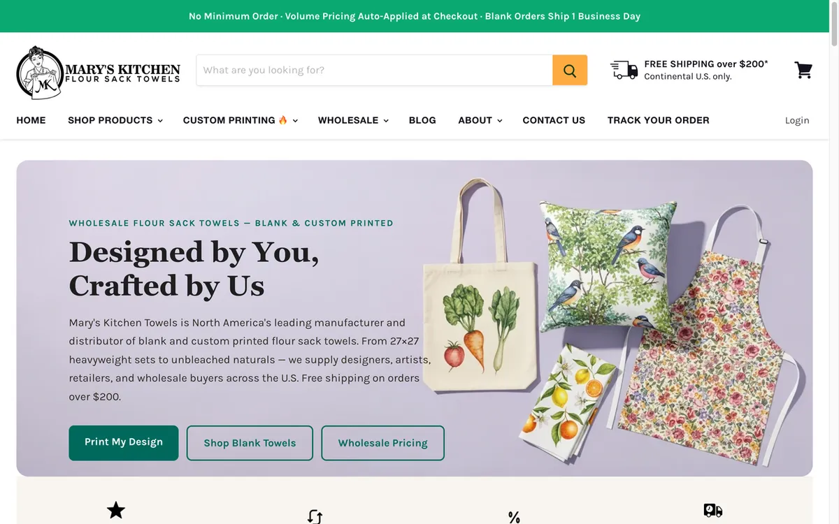 Mary's Kitchen Towels homepage. US tea-towel print-on-demand specialist printing DTG, screen and edge-to-edge on flour-sack cotton.