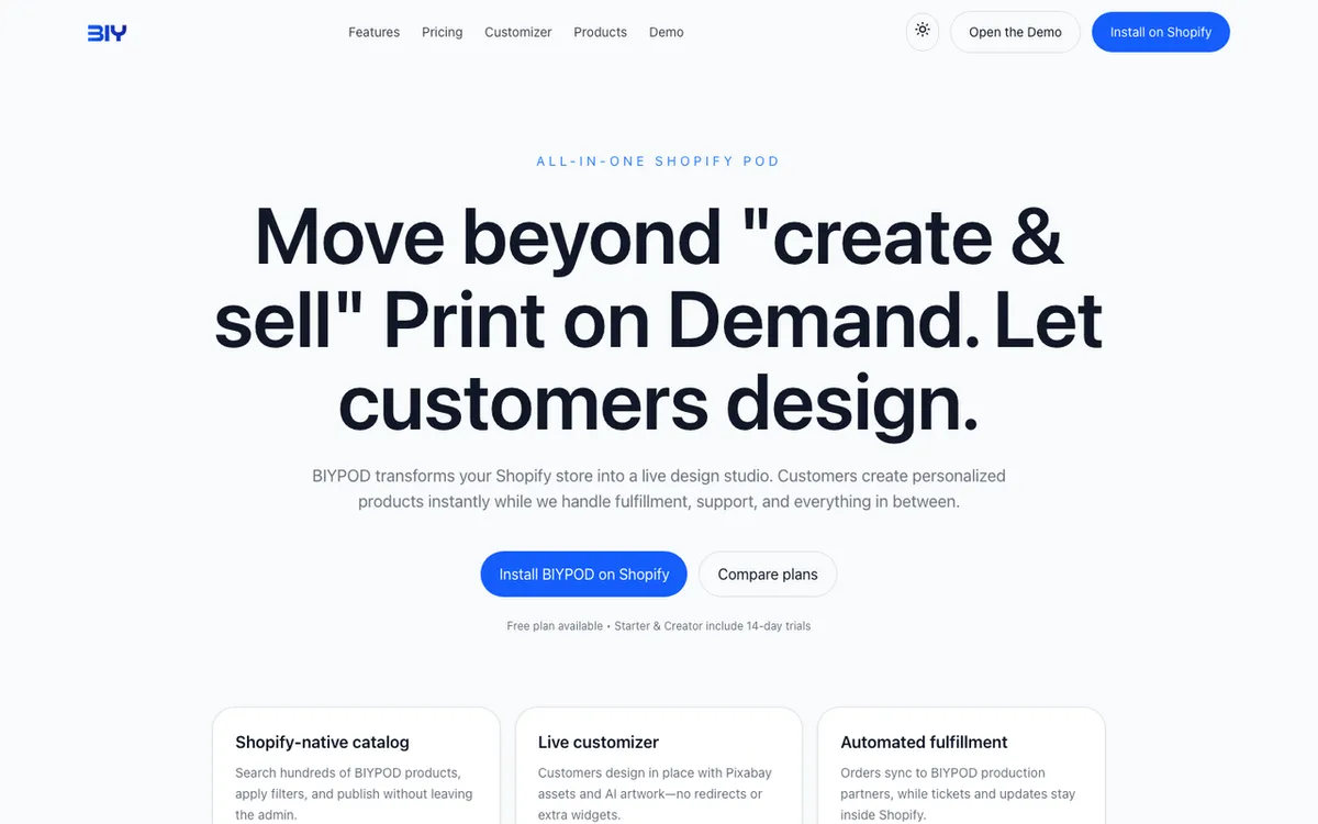 Mayo SL homepage. Biypod brand-it-yourself print-on-demand customiser with live 3D/2D preview for Shopify.