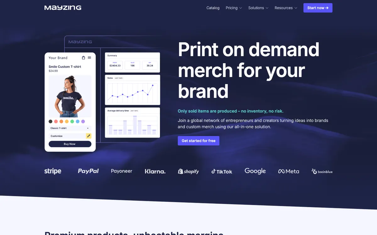 Mayzing homepage. Print-on-demand service with European and US production for custom apparel, drinkware and merch.