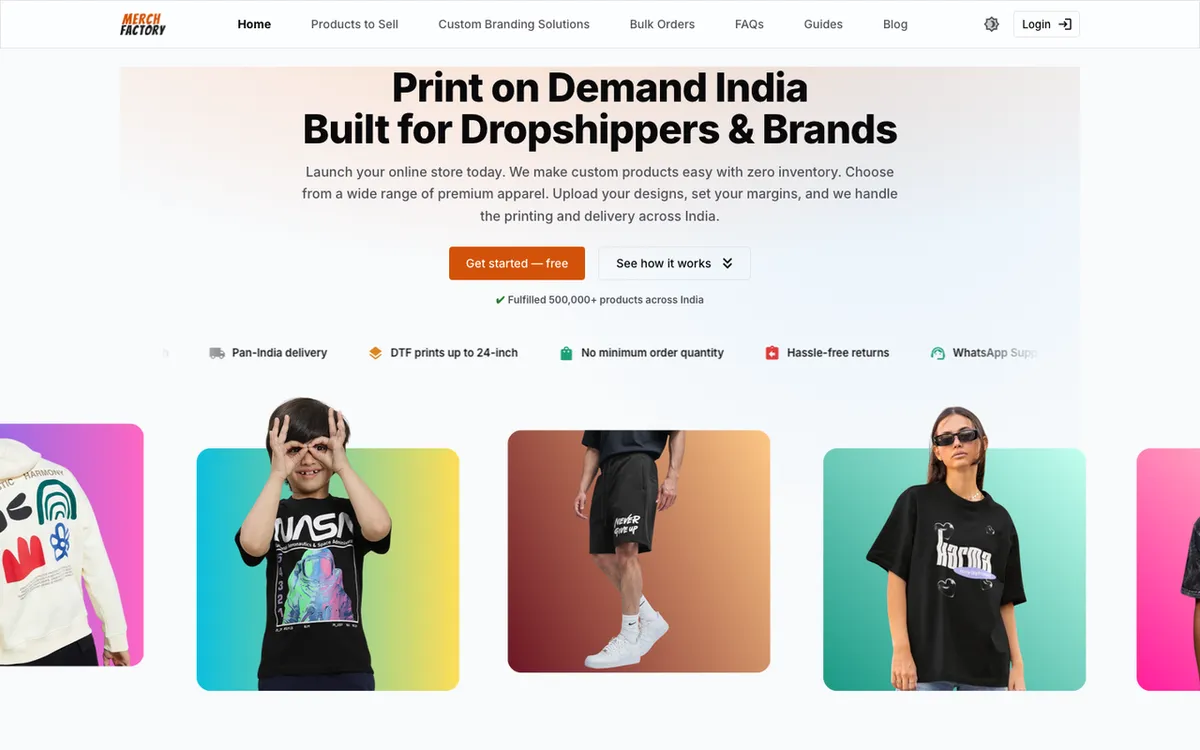 Merch Factory homepage. India Shopify print-on-demand connector with auto product and order syncing.