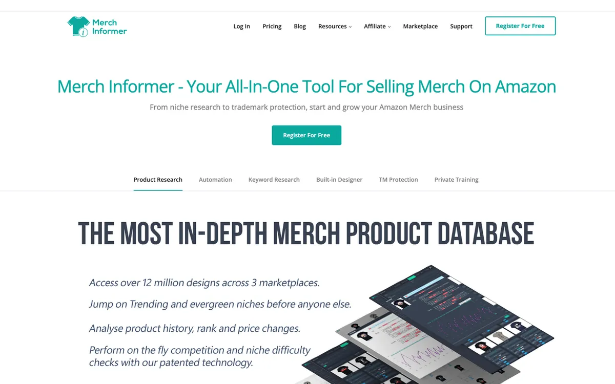 Merch Informer homepage. US research tool for Amazon Merch on Demand keywords, trademarks and POD niches.