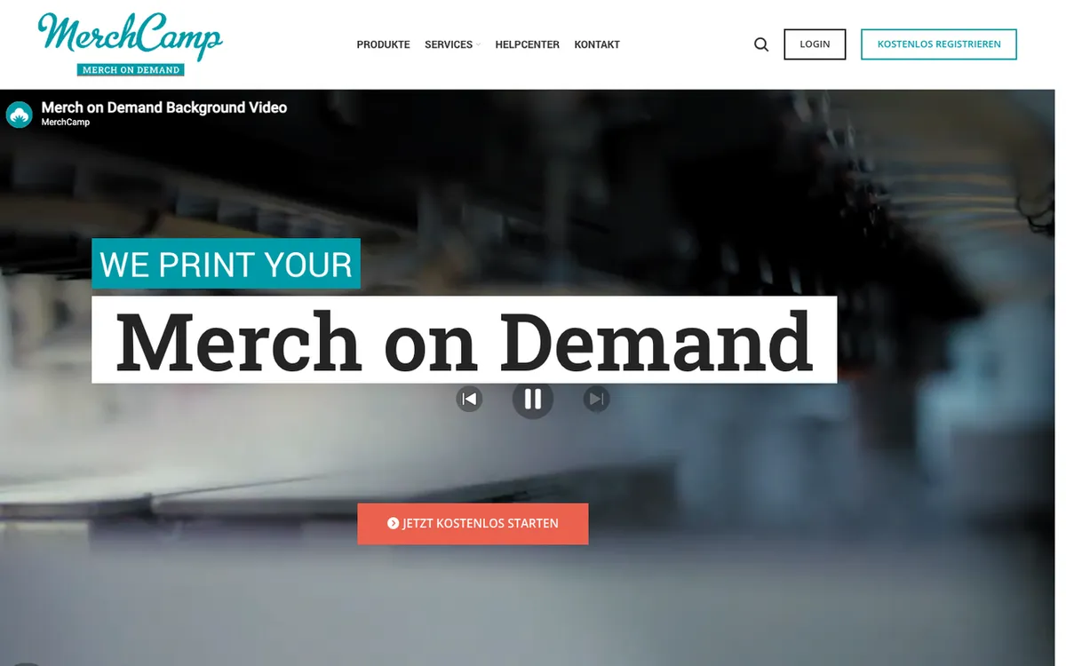 MerchCamp homepage. Print-on-demand and dropshipping service with Shopify product sync.
