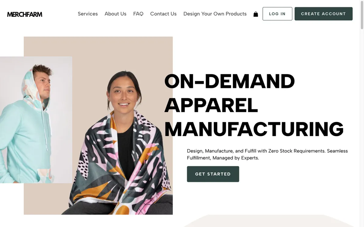 MerchFarm homepage. US on-demand apparel manufacturing service turning designs into garments with seamless fulfilment.
