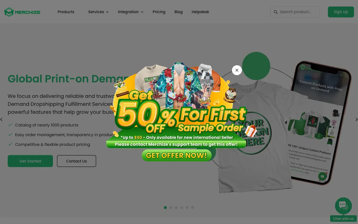 Merchize homepage. Print-on-demand dropshipping service with a wide product catalogue.