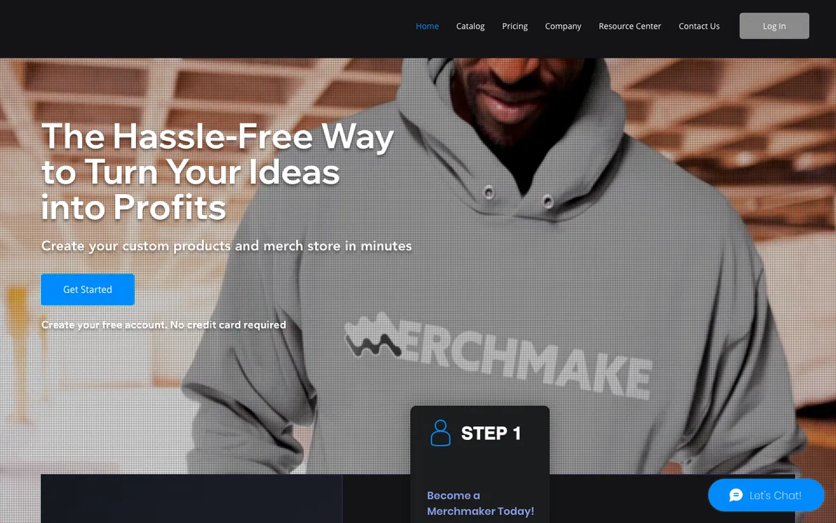 Merchmake homepage. Print-on-demand supplier covering apparel, hats, bags and glassware.