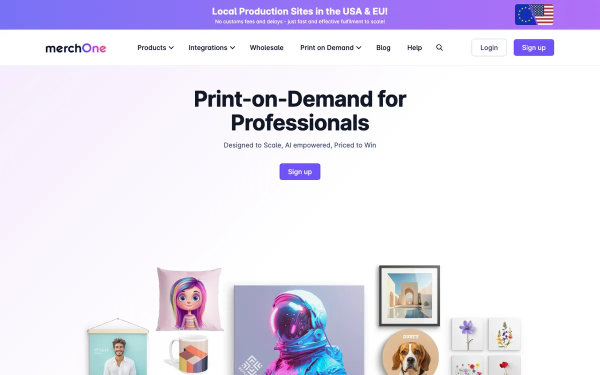 MerchOne homepage. US and EU print-on-demand service with local production for fast fulfilment and no customs fees.